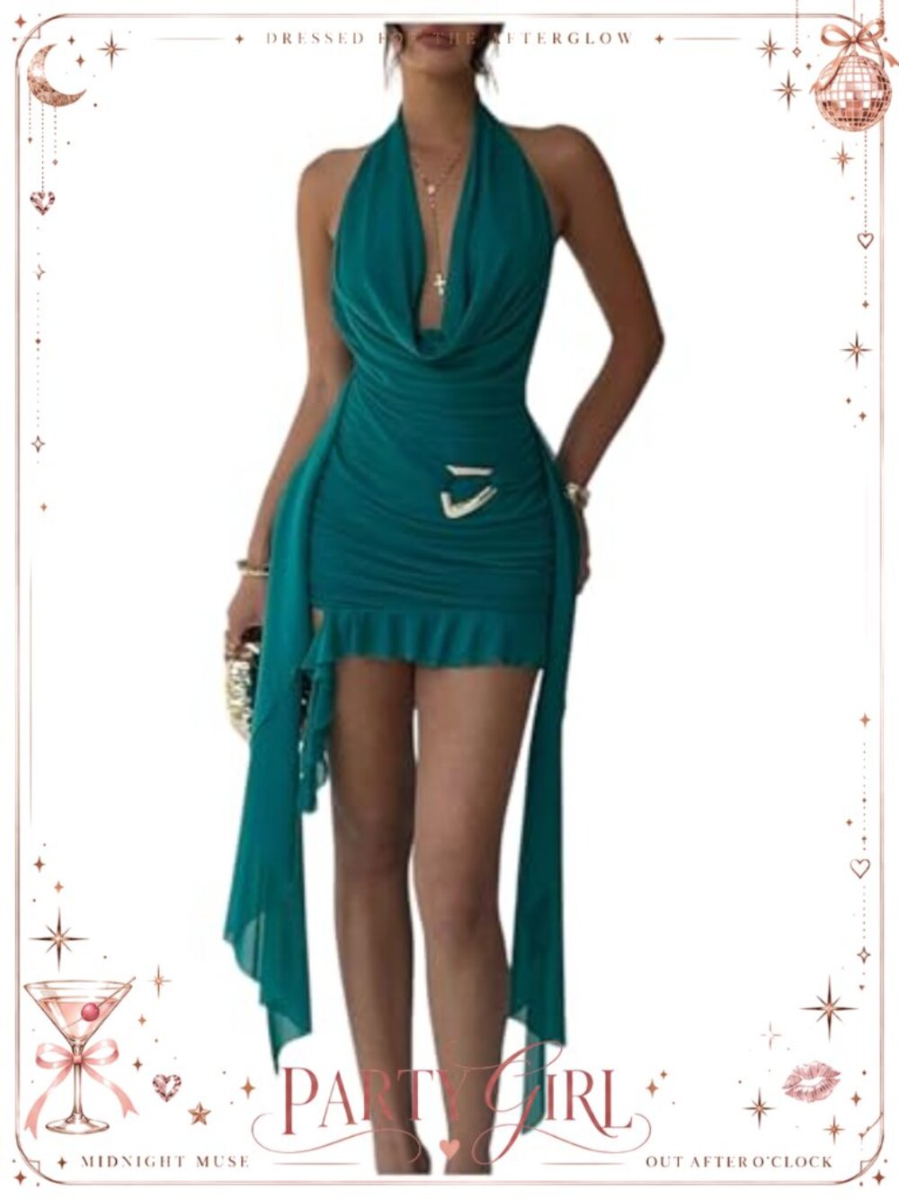 Milumia Women's Deep V Neck Backless Halter Mini Dress Draped Mesh Ruched